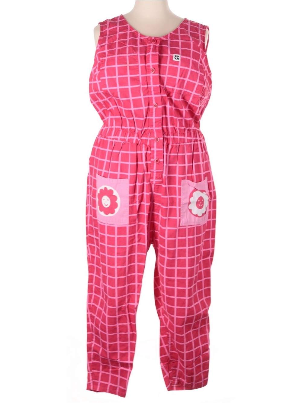 Lucy & Yak Pink Windowpane Jumpsuit with Floral Patch Pockets